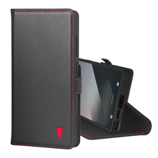 TORRO Leather Case Compatible with Samsung Galaxy S25 Ultra 5G 2025 ? Premium Leather Wallet Case with Kickstand and Card Slots (Black with Red