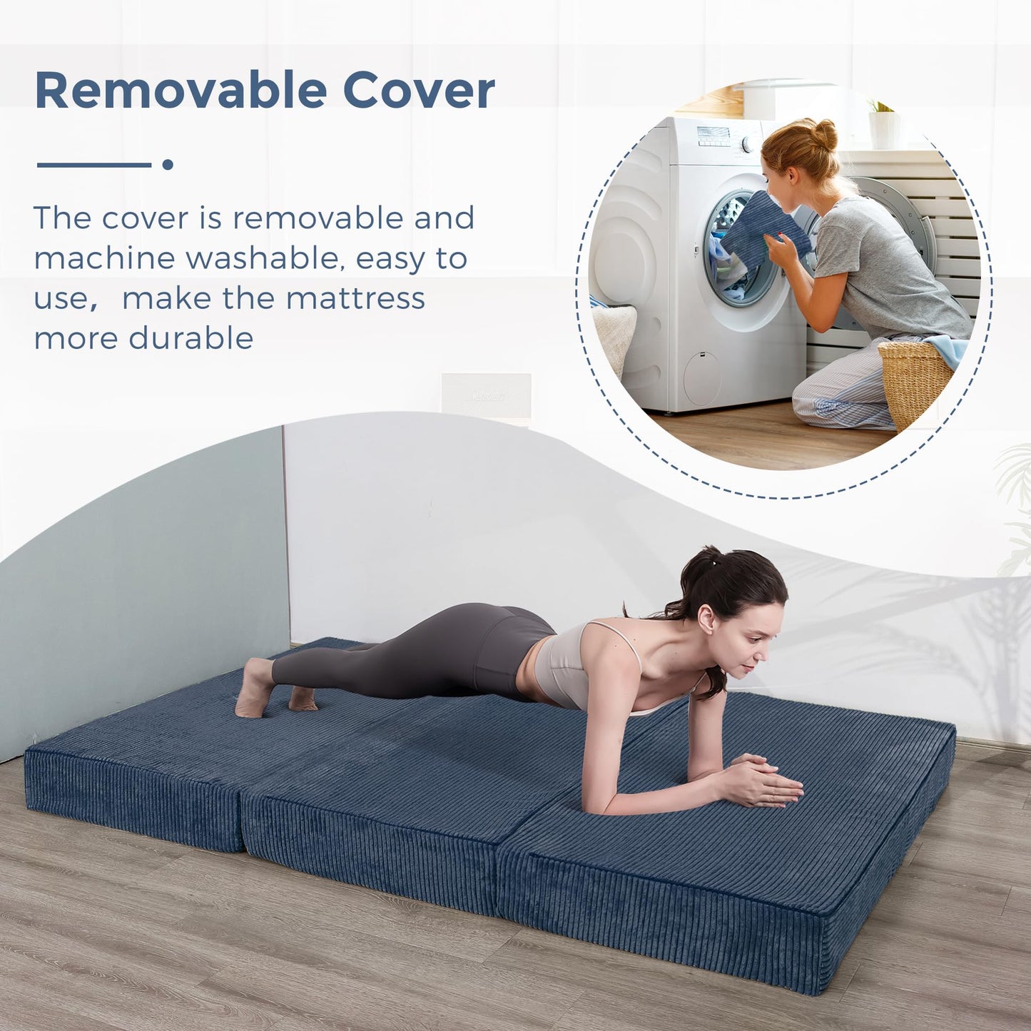 MAXYOYO Folding Corduroy Mattress, Tri Fold Floor Mattress 15cm thick with Washable Cover,Foldable in Three,Space-Saving for Guest (Bluestone, Double)