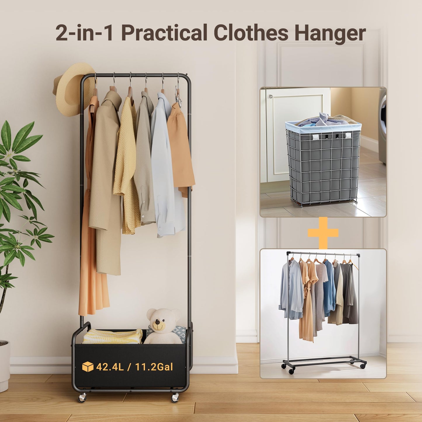 Dunatou Clothing Rack with Basket, Standard Rod Clothing Garment Rack, Rolling Clothes Organizer on Wheels for Hanging Clothes (Small, Black)