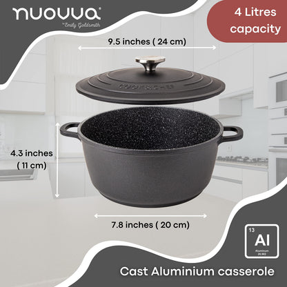 Non-Stick Aluminium Pot with Lid  Sturdy Deep Dutch Oven  Casserole Pot with Ergonomic Handles  4L, 24cm Oven Safe Cooking Pot  by Nuovva