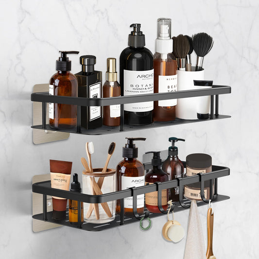 Shower Caddy Rustproof, Withosent 2 Pack Bathroom Shelf Organiser No Drilling,Aluminium Shower Shelves Self-Adhesive with 4 Hooks Shower Organiser