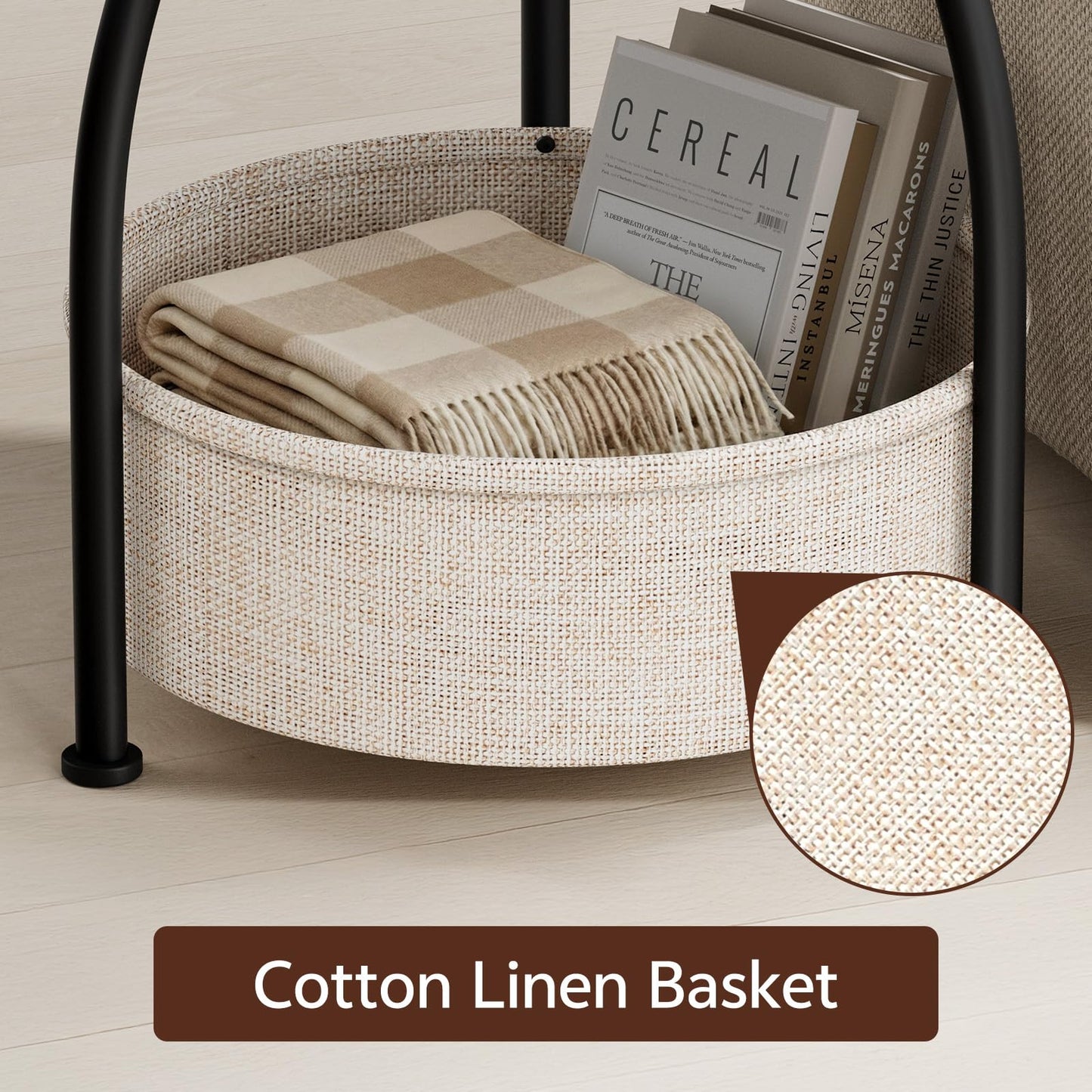 Yuede Side Table with Fabric Basket, Round End Table, 3 Tier Bedside Table, Coffee Table for Living Room, Bed Room, Modern, 40 x 61 cm, Gray