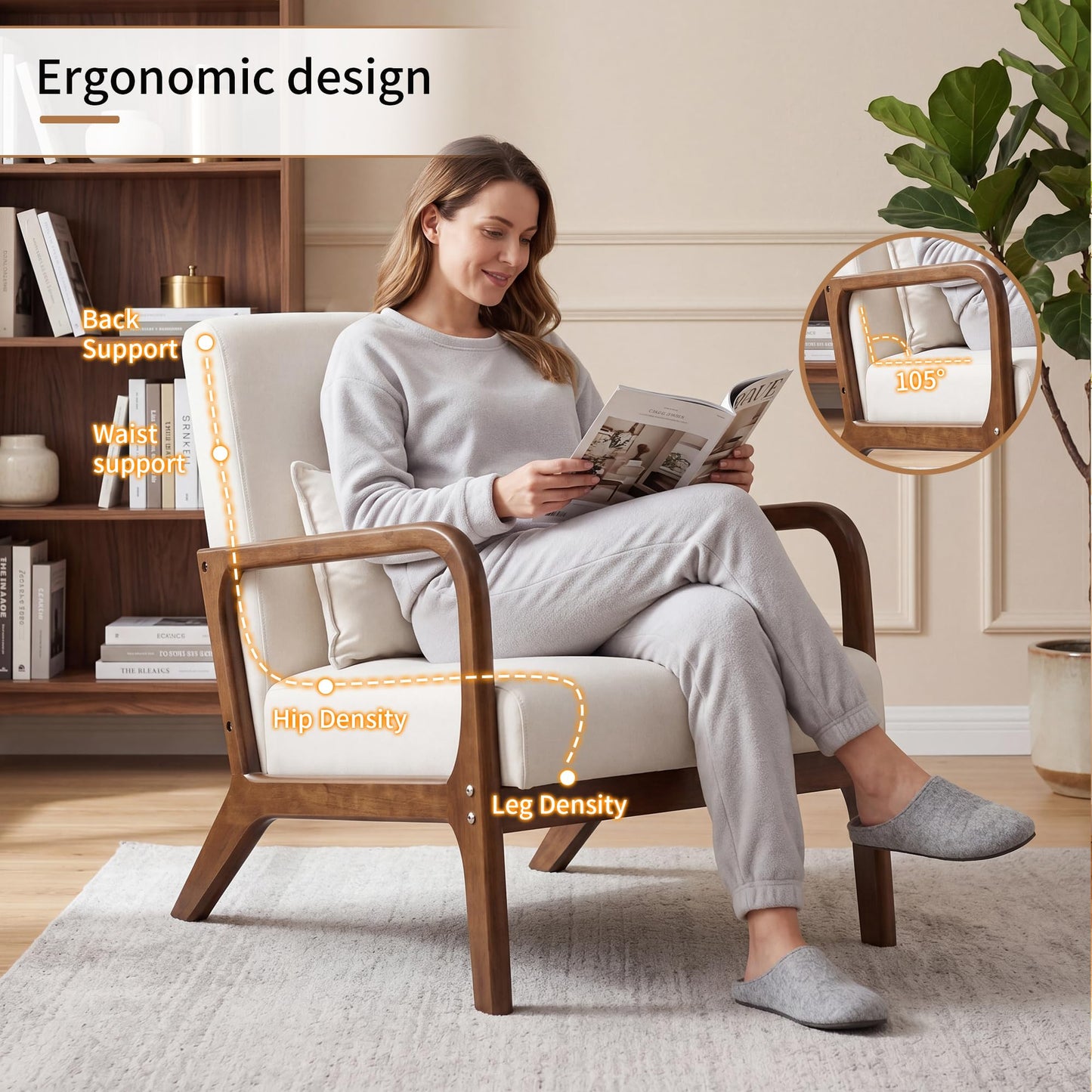 BonVache Armchair Modern Accent Chair with Pillow Comfy Reading Chair for Living Room Bedroom Office, Beige