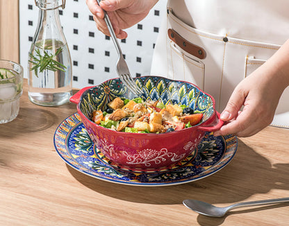 Salad Bowl with Handle, Large Porcelain Serving Bowls Set of 2-49 Oz, 1450ml Bohemian Ceramic Bowl for Ramen/Soup/Fruit/Salad, Colourful Bowl Set -