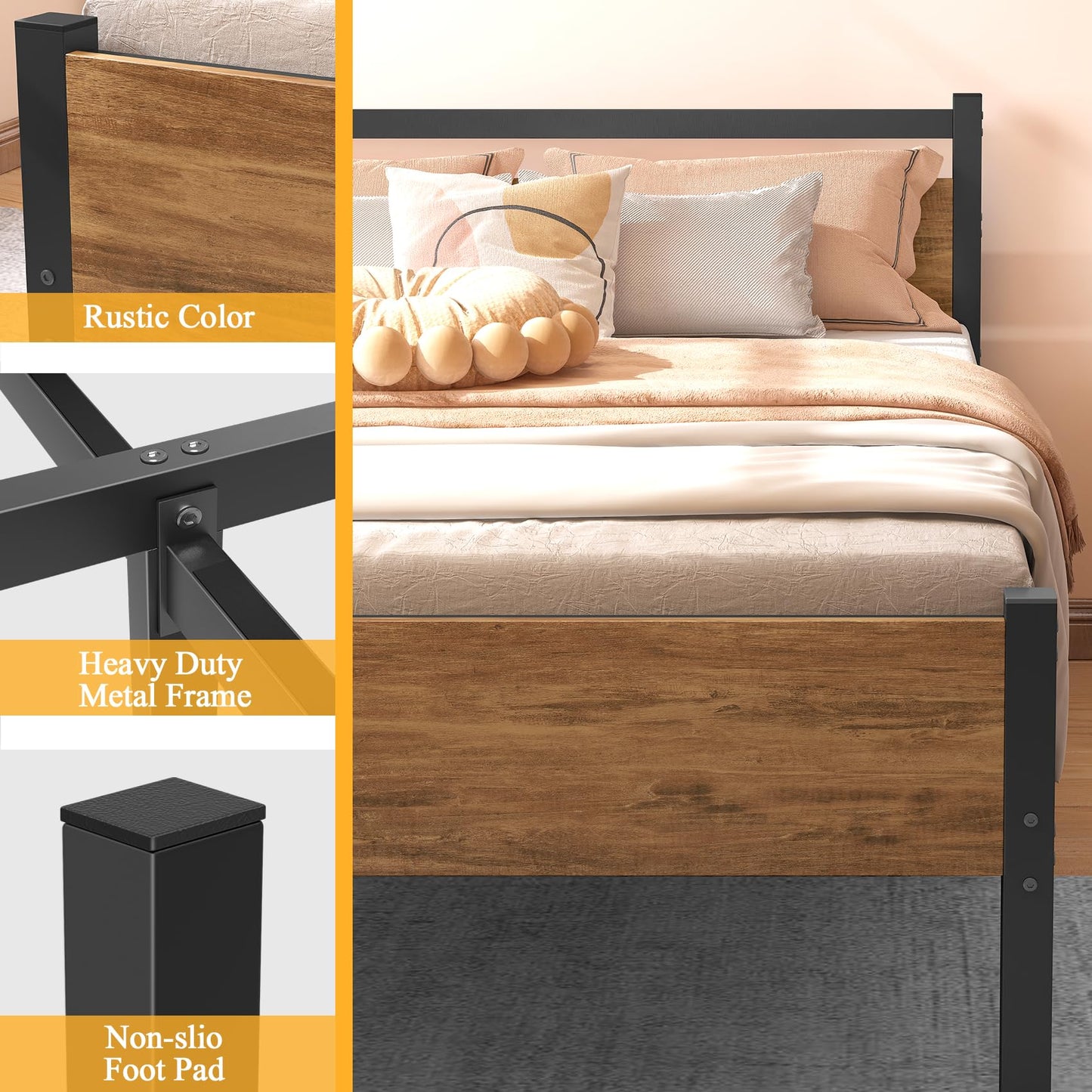 Yornoli Single Bed Frames with Wood Headboard 31.5cm Metal Platform Bed Frame with Storage Sturdy Non-Slip Without Noise No Box Spring Needed Black &