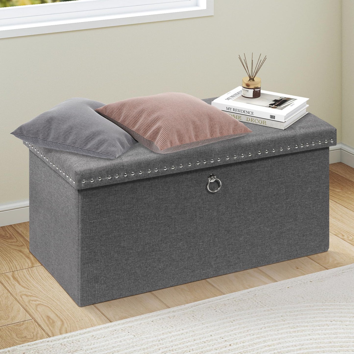 Bonlife Folding Ottoman Storage Bench, Coffee Table with Tray, Large Footstool for Living Room, Footrest Stool, Grey, Linen, 80x40x40cm