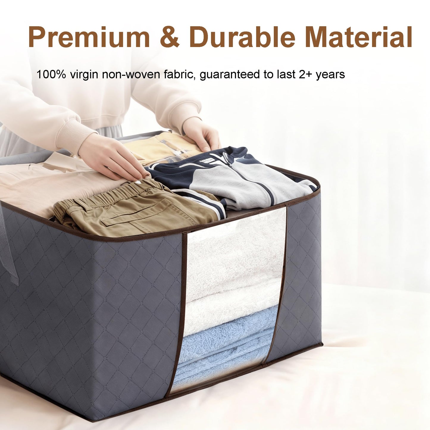 BARGAIN FACTORY 6 Pack Storage Bags, 90L Large Capacity Under Bed Grey Fabric Boxes with Lid, Heavy Duty Zip, Clear Window, Reinforced Handles
