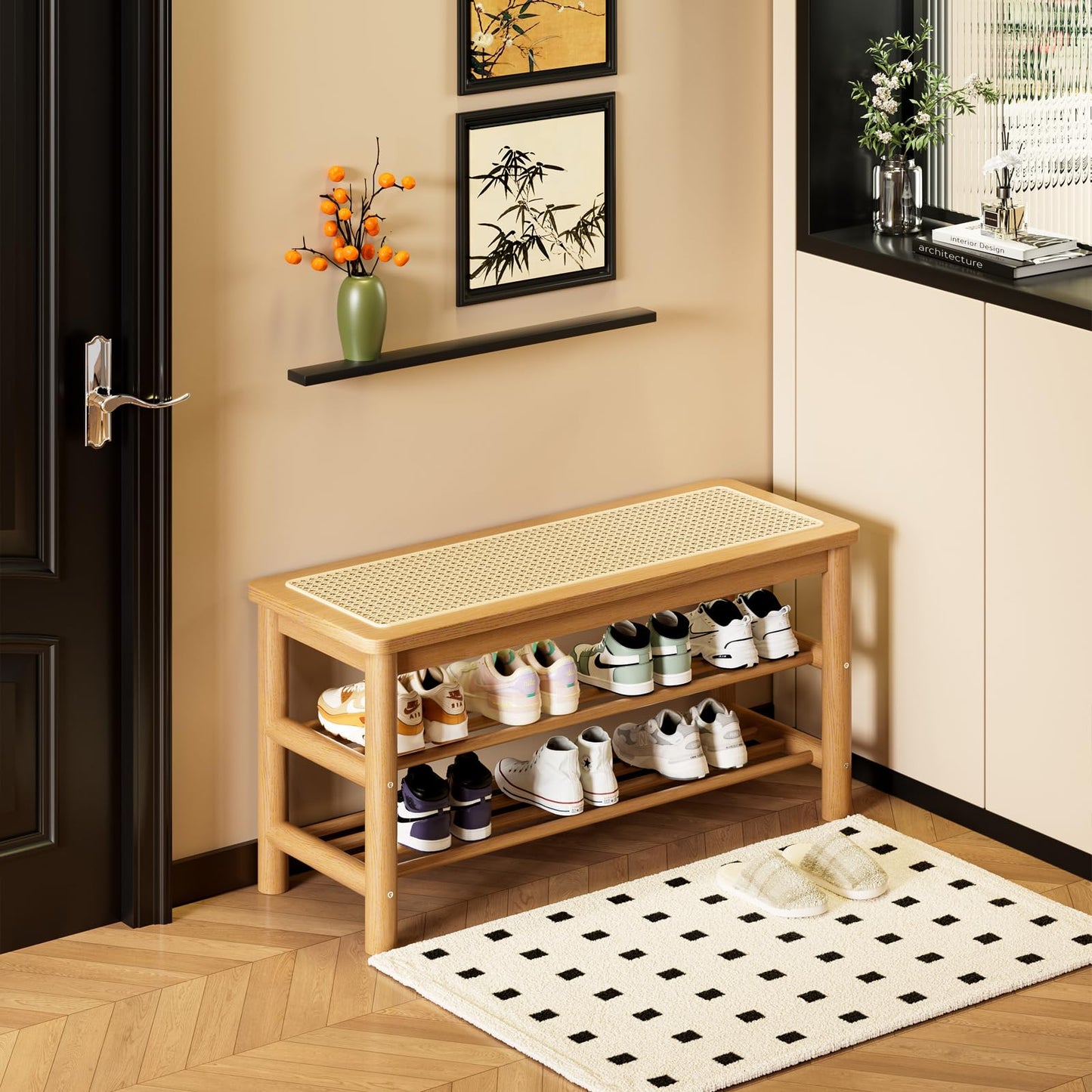 SOBIBO Bamboo Shoe Rack Bench with Rattan Seat, 3-Tier Shoe Storage Bench, Entryway Bench for Hallway，Nature-31.5 inches