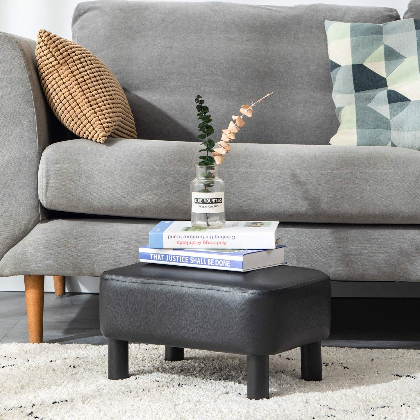 YMYNY 42CM Footstool, Small Foot Stool with Stable Wooden Legs, Modern PU Leather Footrest, Change Shoes Stool for Living Room