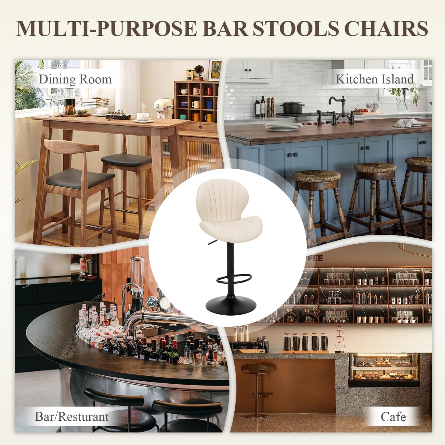 COLAMY Breakfast Bar Stools Set of 2, Modern Swivel Kitchen Bar Chairs, Adjustable PU Leather Upholstered Barstools Counter Height with High Backrest