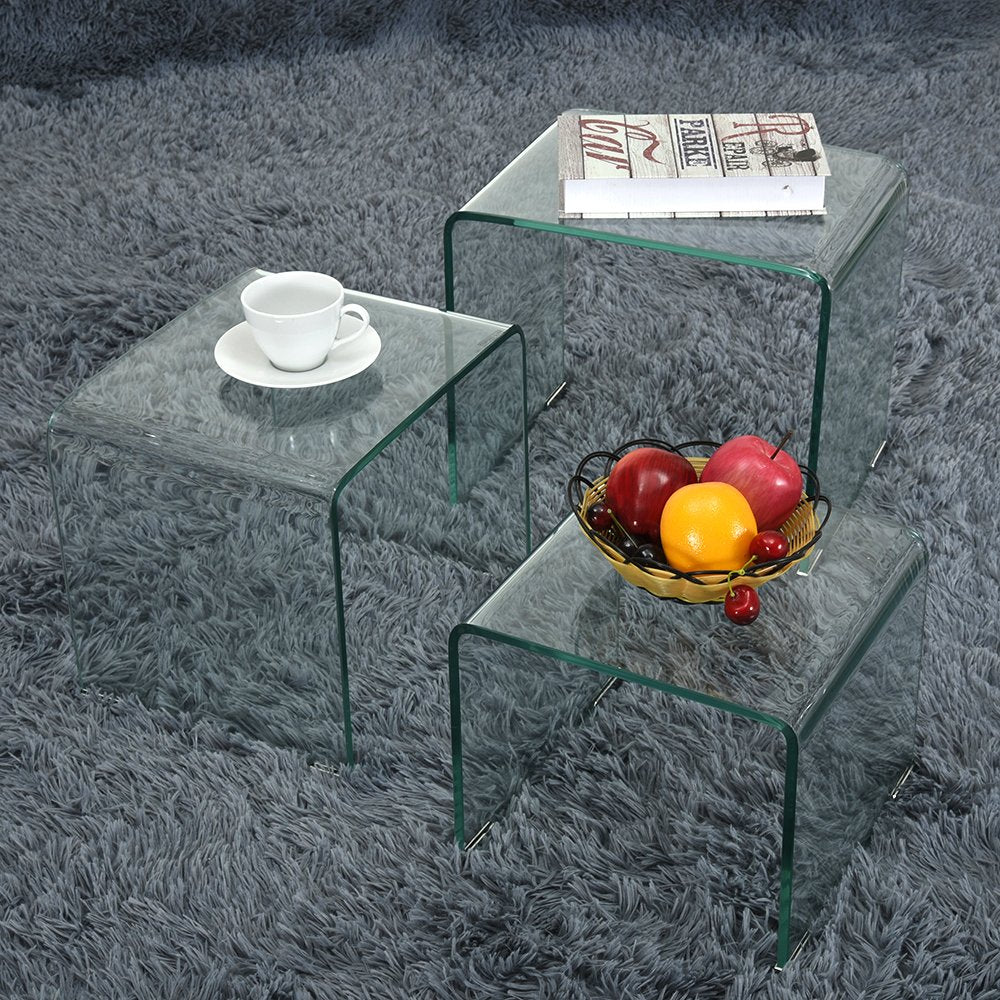 Panana pal Bent Glass Nest Tables Set of 3 Side Tables Coffee Table (Clear)