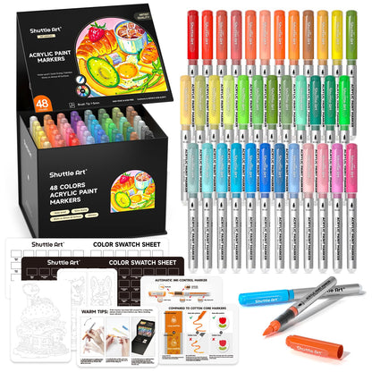 Shuttle Art Automatic Ink Control Acrylic Paint Pens, 48 Colours Brush Tip Paint Marker Pens, Paint Pen for Rock Painting Ceramic, Wood, Fabric,