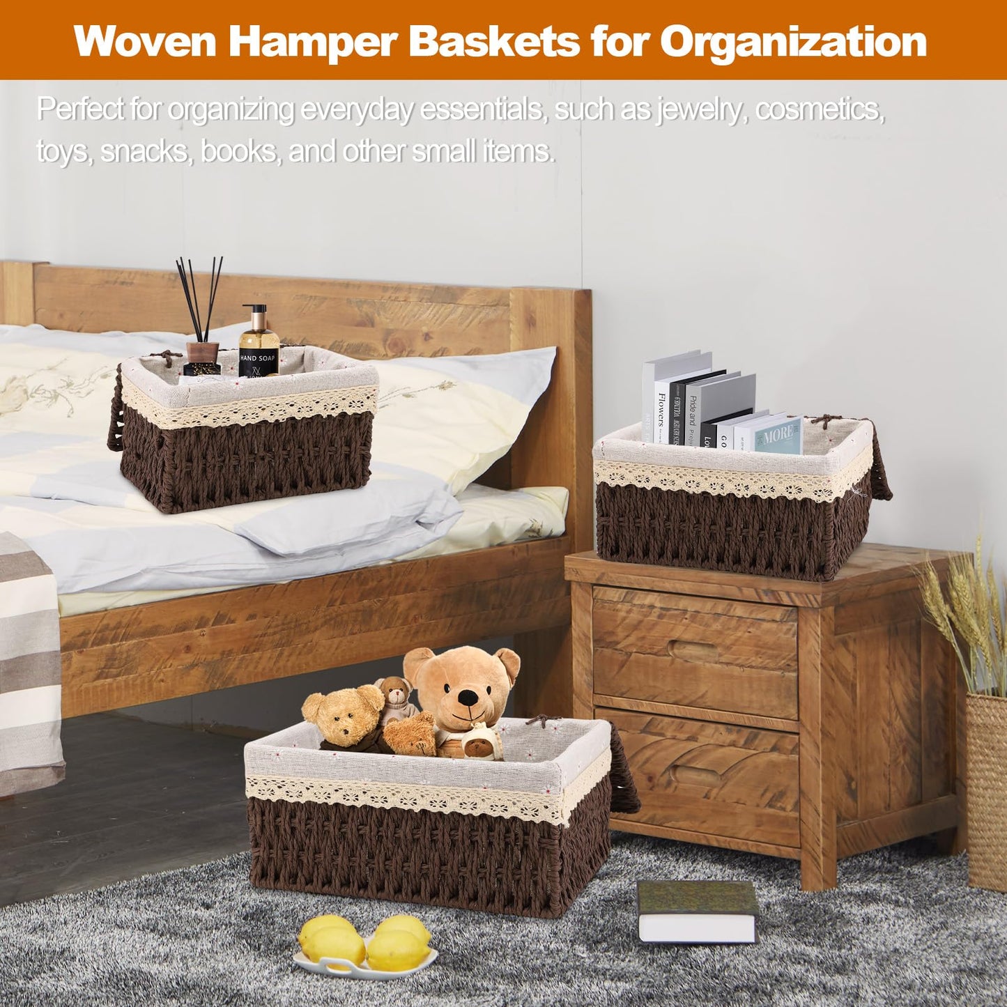 MEKOTRIN Set of 3 Storage Baskets with Lids, Paper Rope Woven Storage Baskets, Boho Decor Handmade Hamper Baskets with Removable Lining for Shelves