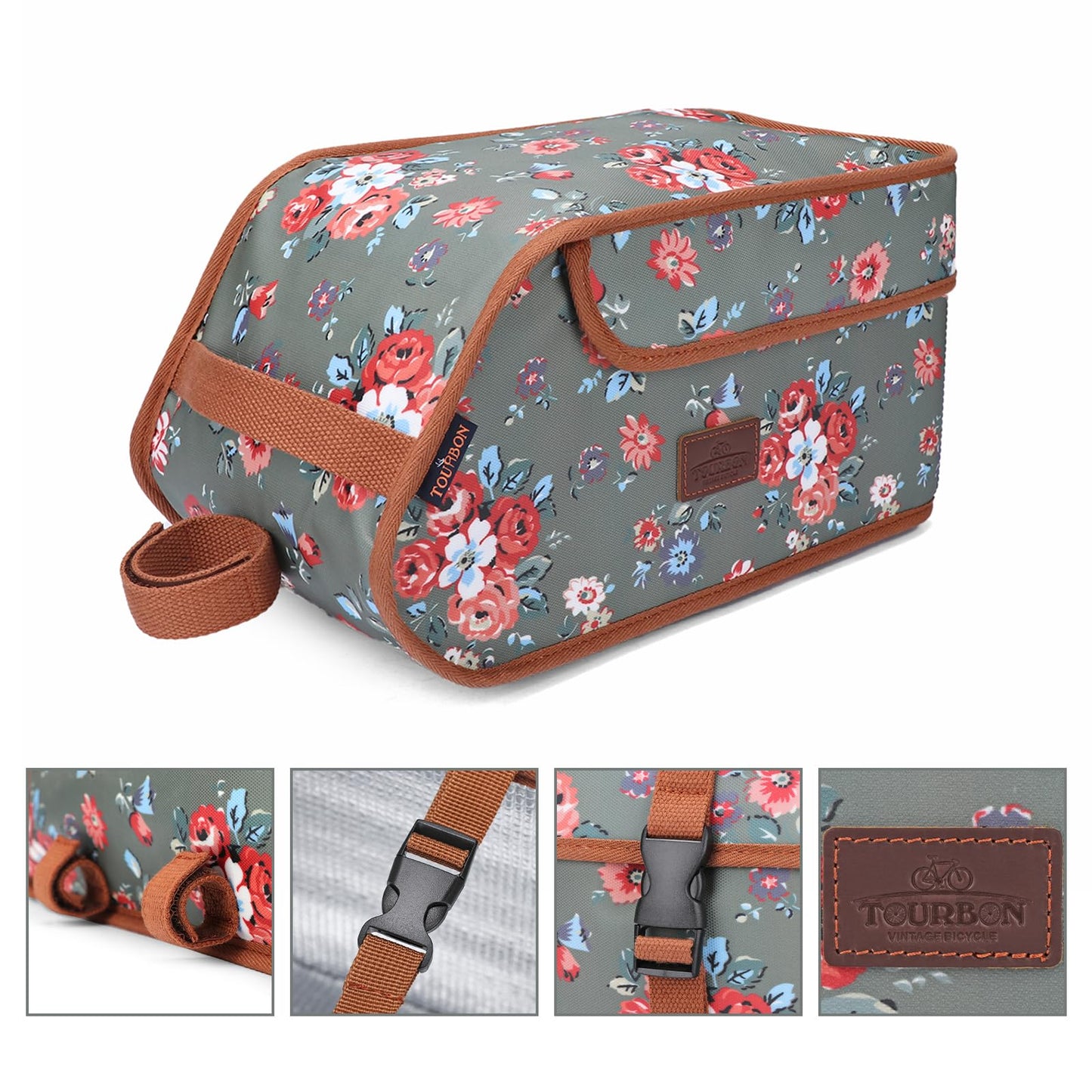 Tourbn Waterproof Canvas Bicycle Pannier Bike Rear Rack Insulated Trunk Cooler Bag Takeaway Food Delivery Case Flower Green