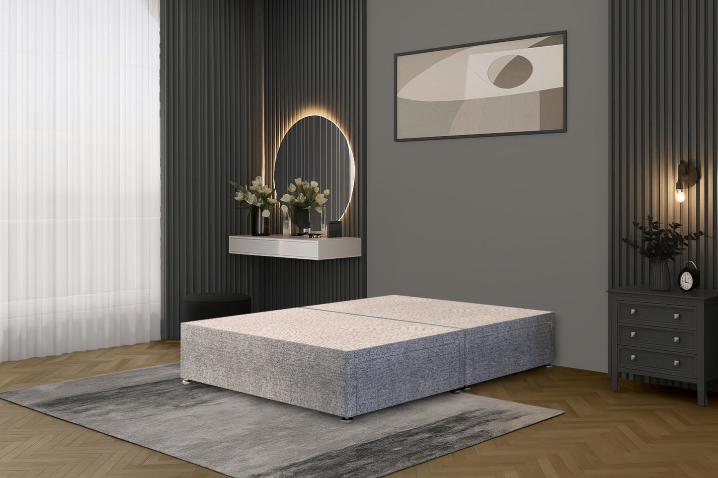 Bed Centre Flexby Divan Bed Base Only with 2 Drawers (Same Side), No Headboard - Available in 3FT, 4FT, 5FT & 6FT (3FT Single, Tweed Grey Fabric)