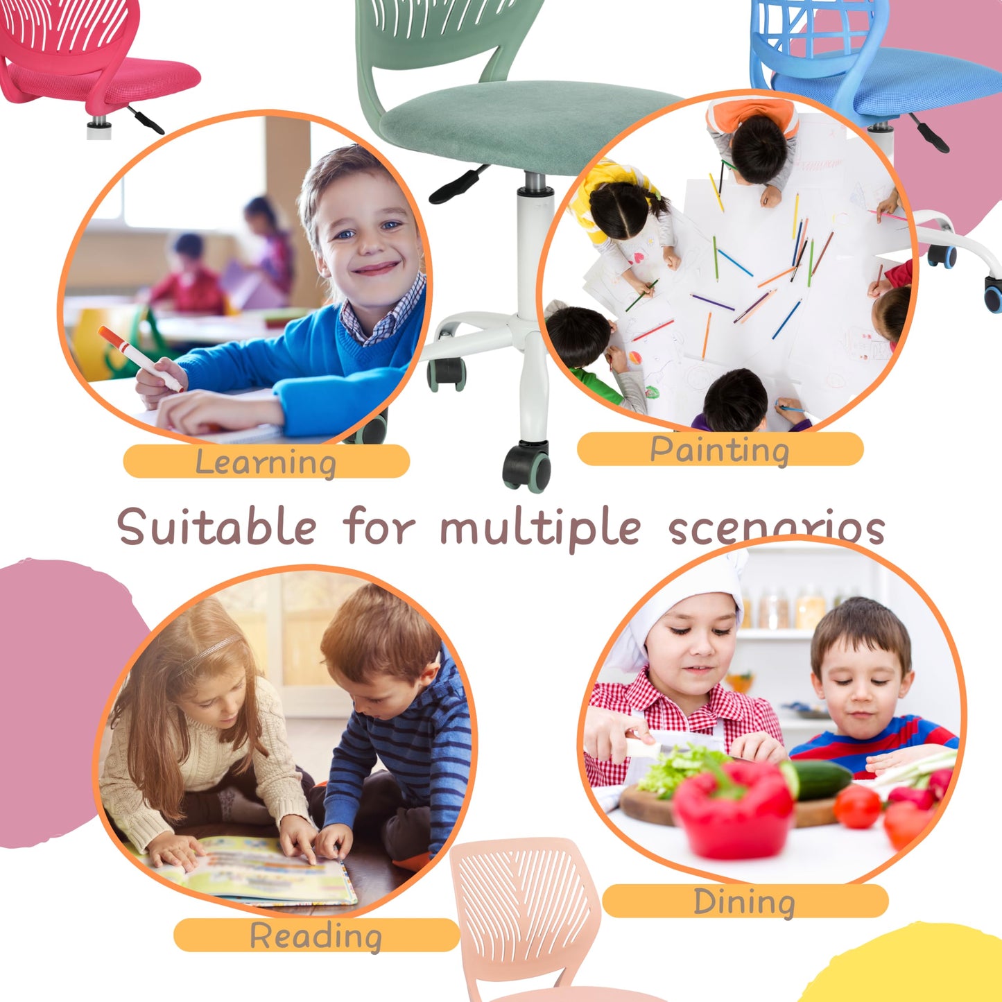 FurnitureR Gaming Children, Office, Gamer, Desk Chair, Ergonomic Modern Design, Armless, Seat Height Adjustment, Rubber Wheels, Peach Pink
