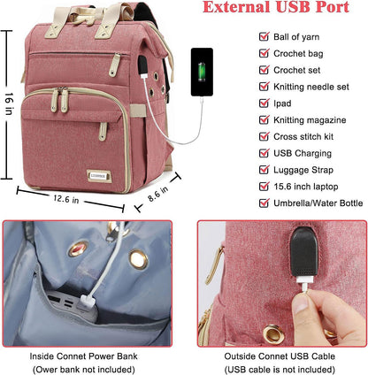 Knitting Bag Backpack,Yarn Storage Organizer Travel Crochet Bag with USB Charging Port,Large Capacity Yarn Storage Tote Bag Yarn Holder Case for