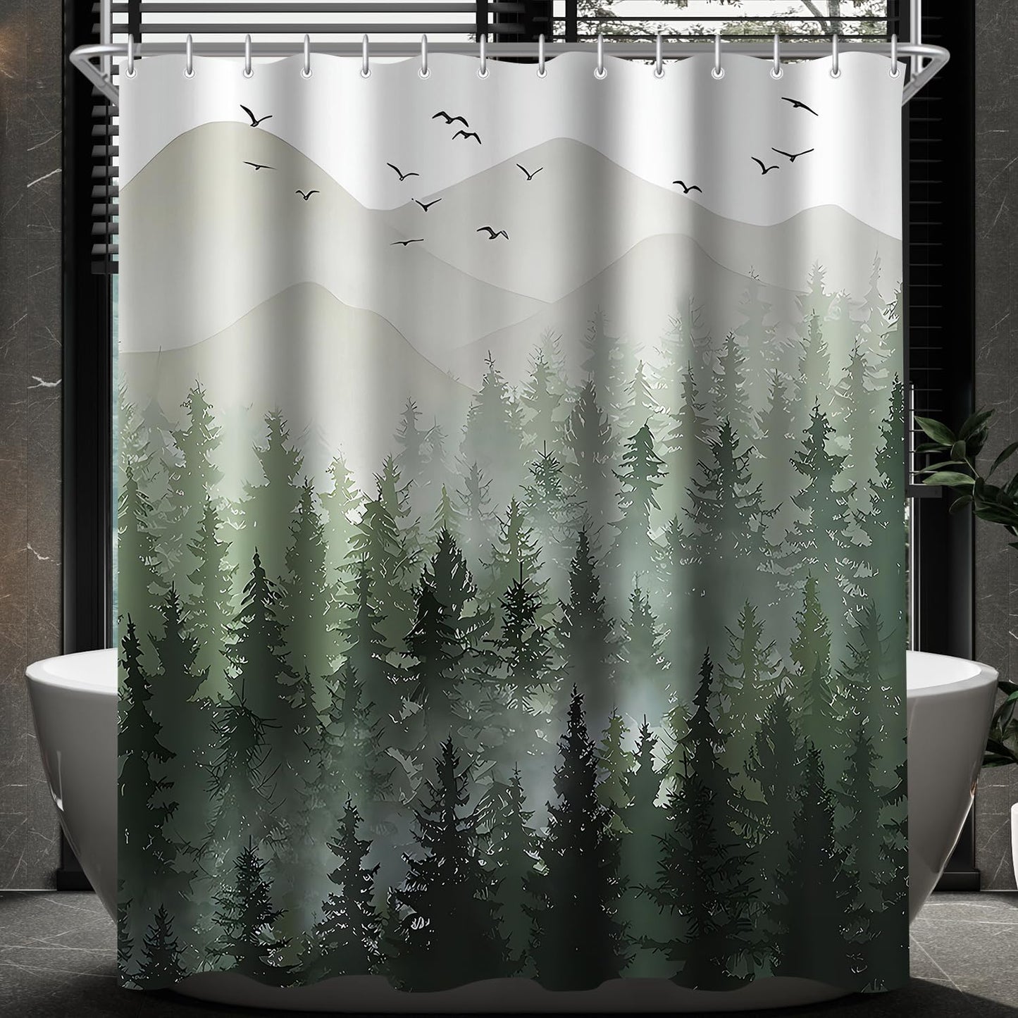 Lerores Shower Curtain, 100 x 180 cm, Forest Anti-Mould Textile, Weighted Hem Water-Repellent