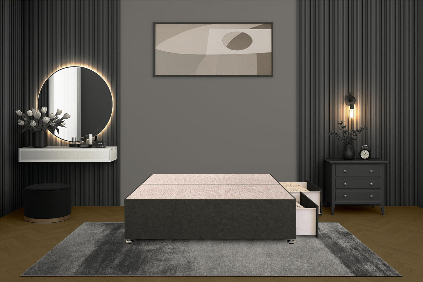 Bed Centre Bliss Grey Linen Divan Base with Optional Drawers and Headboard (4FT6 Double, 2 Drawers Same Side No Headboard)