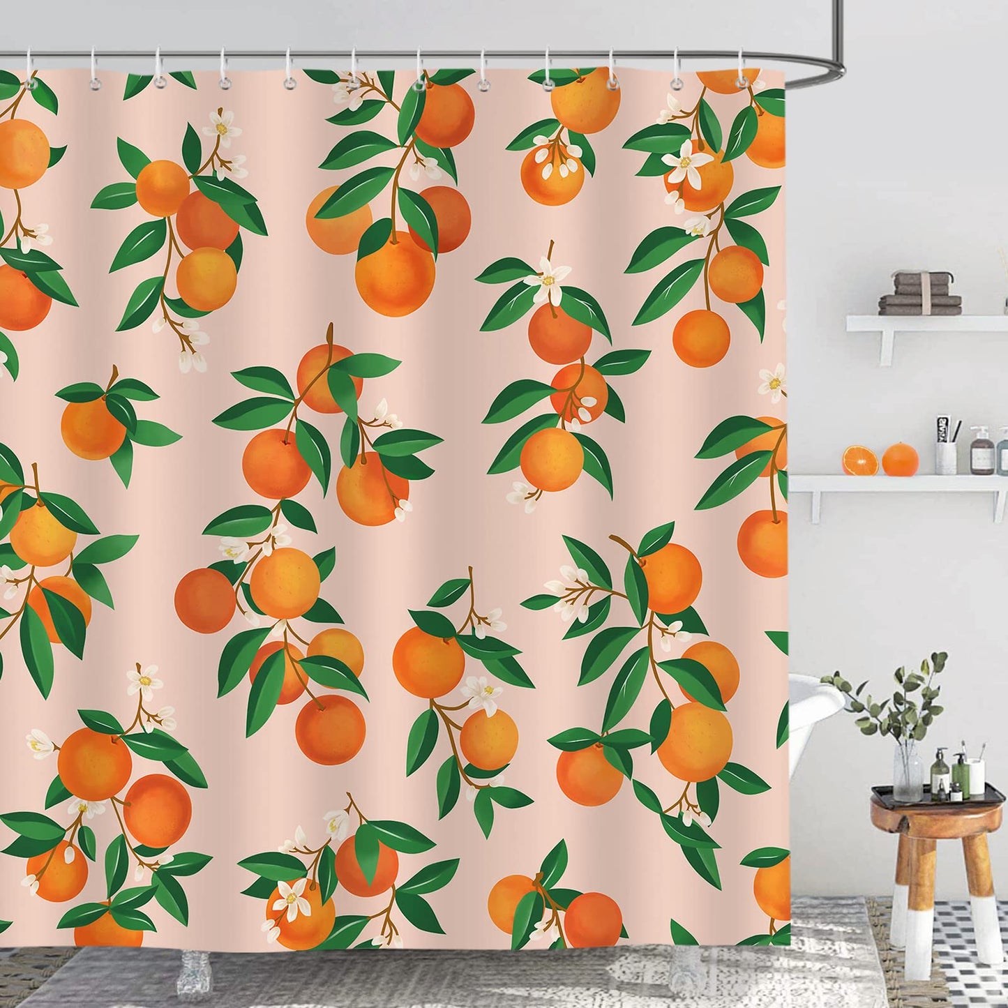 Bonhause Orange Shower Curtain 180 x 180 cm Fruit Citrus Green Leaves Bathroom Curtain Waterproof Mildew & Mould Resistant Polyester Fabric Bath