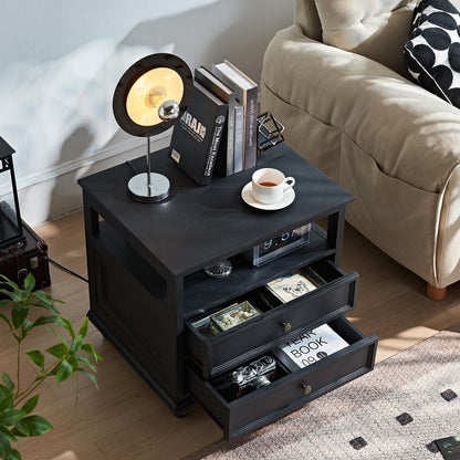 LELELINKY Farmhouse Bedside Table with 2 Drawers and Open Storage