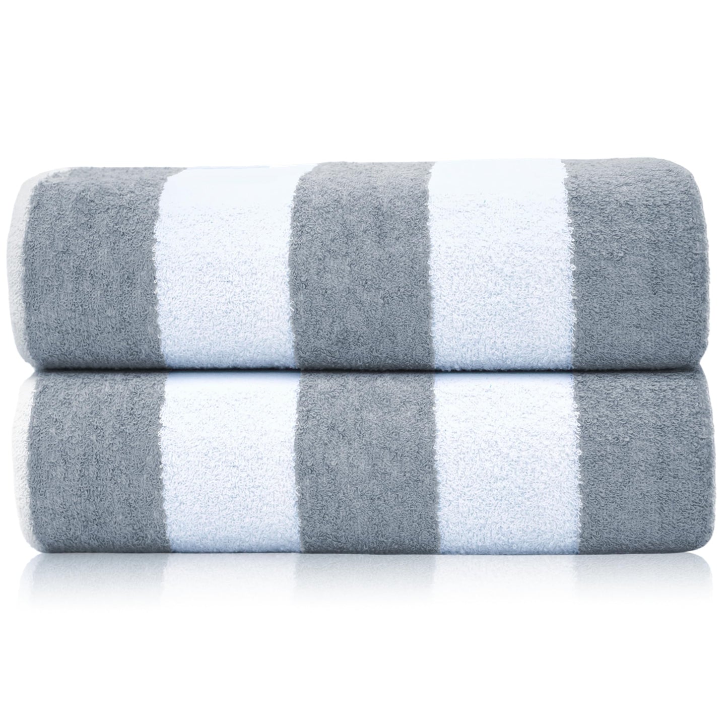 SweetNeedle Beach Towels for Adults Pack of 2 - Silver-White Cabana Striped Classic - 100% Cotton Terry Ringspun Pool Towel, Quick Dry, Super