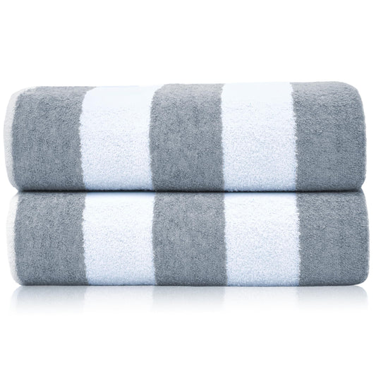 SweetNeedle Beach Towels for Adults Pack of 2 - Silver-White Cabana Striped Classic - 100% Cotton Terry Ringspun Pool Towel, Quick Dry, Super