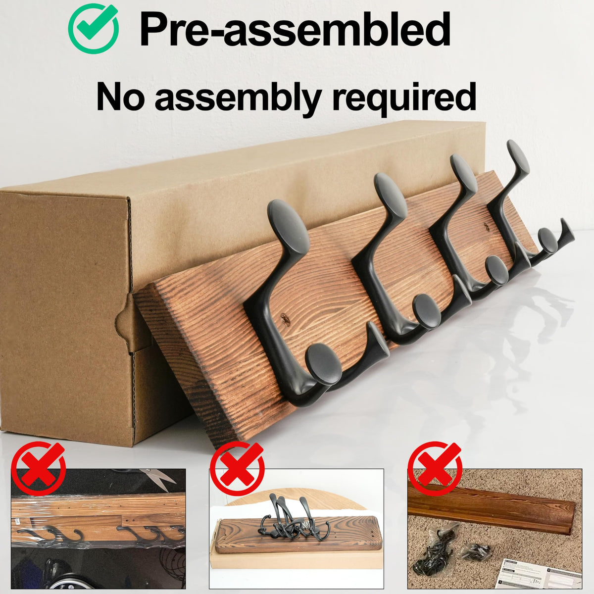 HONSKY Wall Mounted Coat Rack, 61cm Brown Pine Wood Base, 4 Black Sturdy Aluminium Alloy Triple Hooks12 Hanging Points