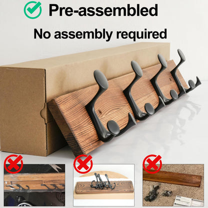 HONSKY Wall Mounted Coat Rack, 61cm Brown Pine Wood Base, 4 Black Sturdy Aluminium Alloy Triple Hooks12 Hanging Points