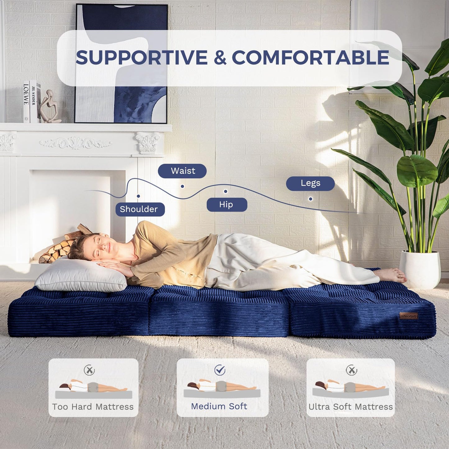 MAXYOYO Folding Mattress, Comfy Corduroy Foldable Mattress with 15cm Thicken Foam, Tri-Fold Floor Futon Sofa Bed for Guest,Dark blue,Small Single