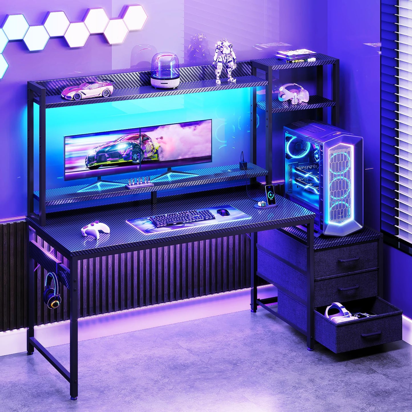Coleshome Gaming Desk with LED Lights & Display Shelves Carbon Fiber Black