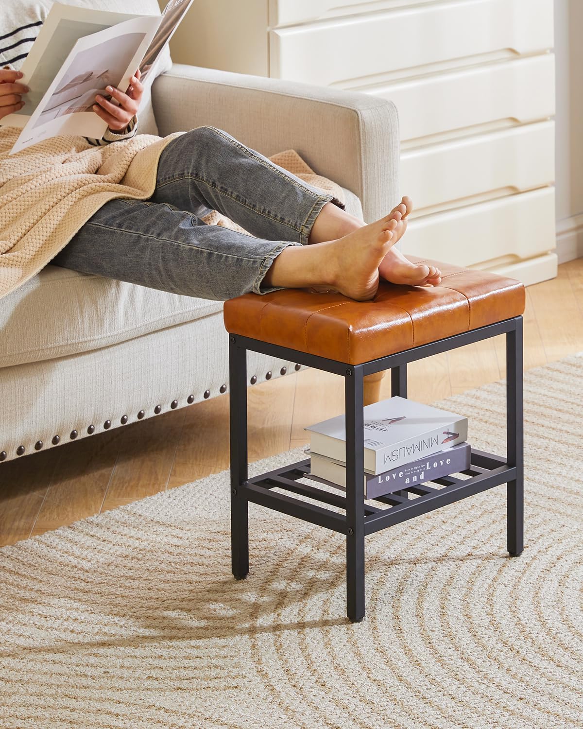 IBUYKE Rectangular Makeup Stool, PU Seat Vanity Chair, Light Brown WBD017J