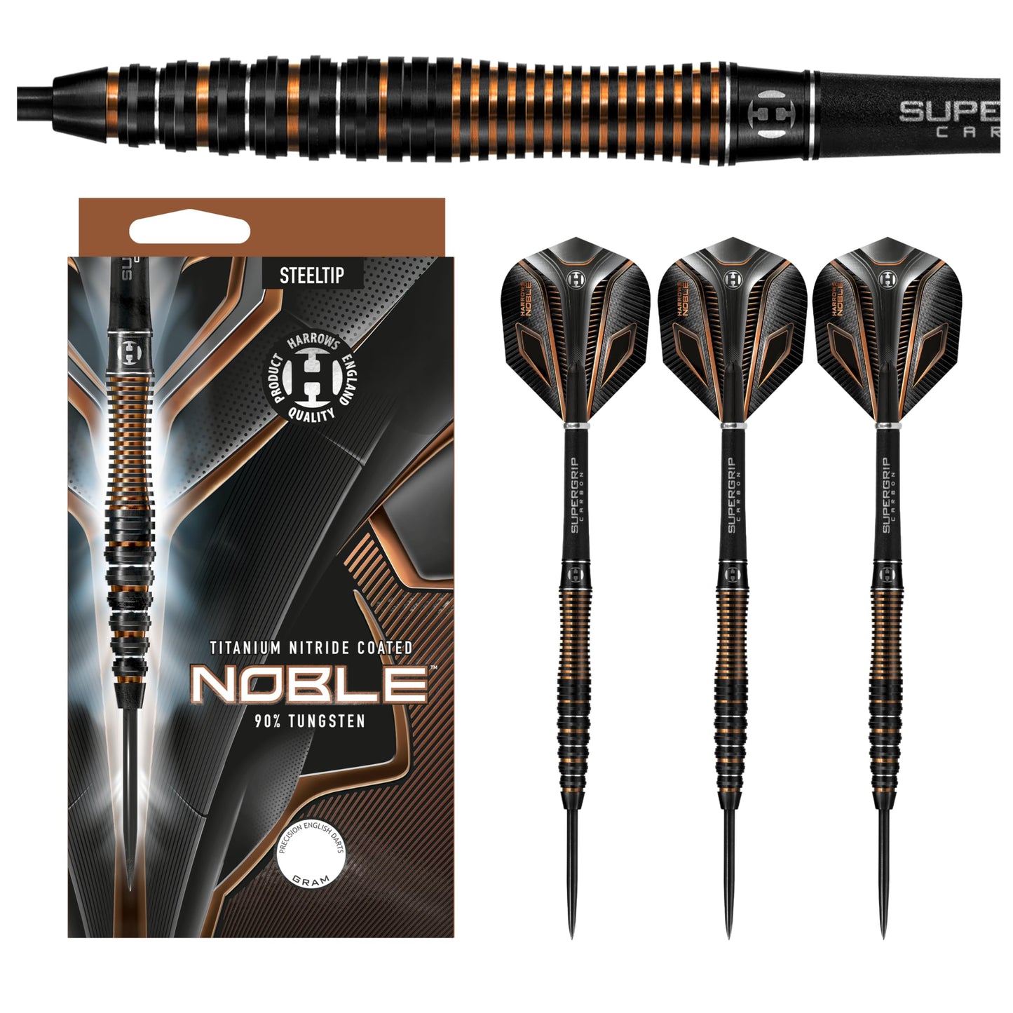 Harrows Noble 90% Tungsten Steel Tip Darts Set 22g, 23g, 24g & 25g - Includes Silver Supergrip Carbon Shafts & Micron Noble Flights (22g)