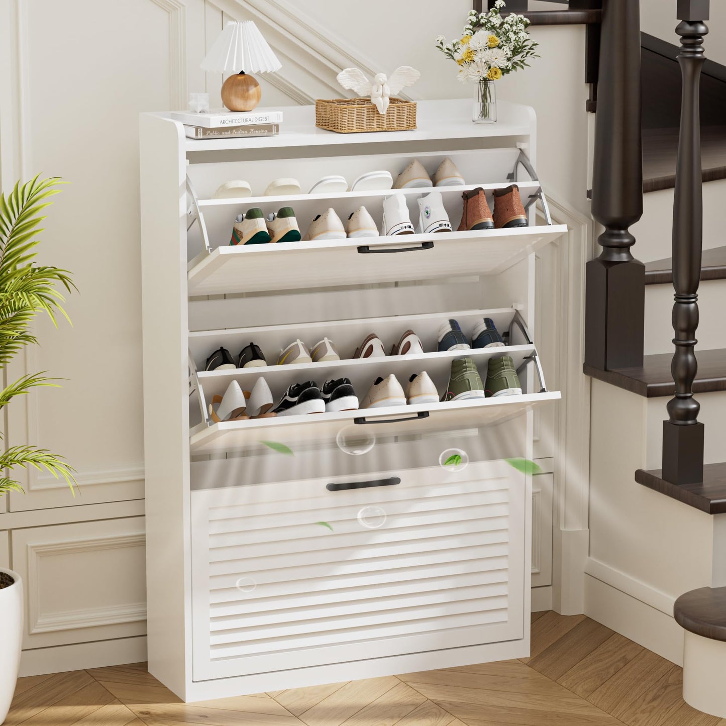 BonVache Shoe Storage Cabinet, Shoe Organizer Cabinet with 3 Flip Louvered Doors, Narrow Wooden Shoe Rack Cabinet with Adjustable Dividers For