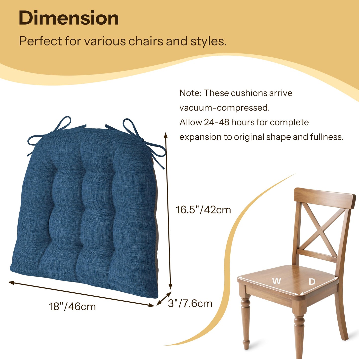 FlyGulls Chair Cushions for Dining Chairs Set of 2 46x42x7.6 cm Navy