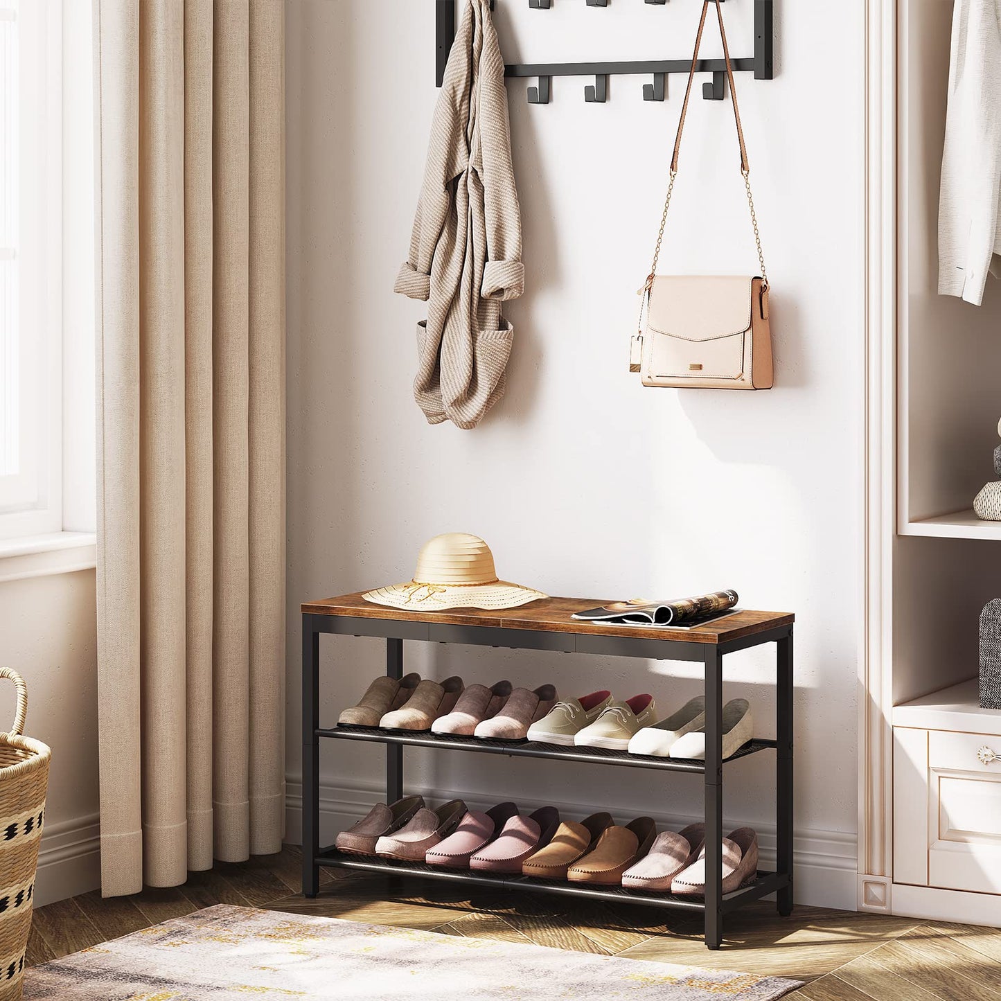 HOOBRO Shoe Rack, 3-Tier Shoe Bench with 2 Mesh Shelves, Shoe Storage Bench with Seat, for Entryway, Hallway, Living Room, Small Space, Easy Assembly