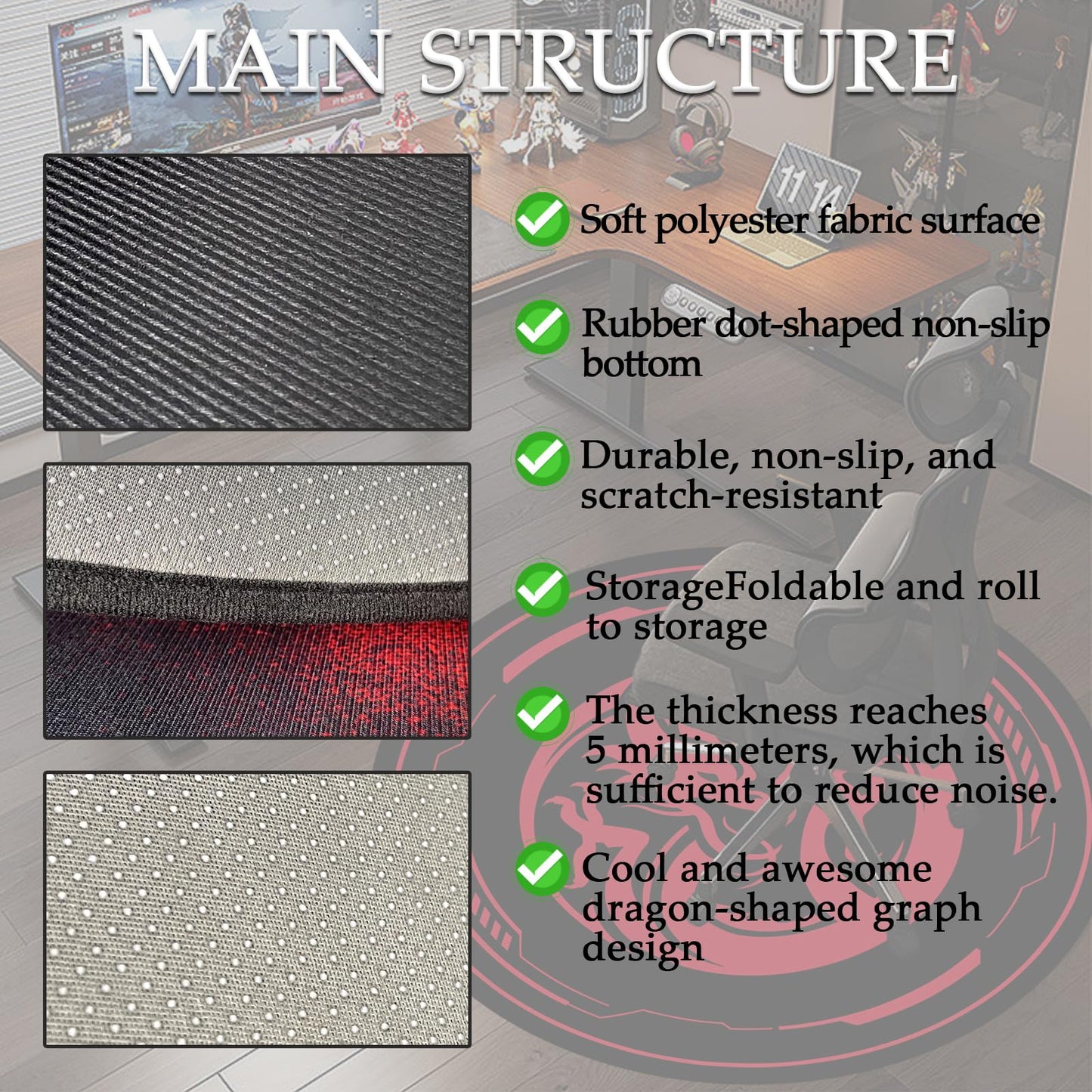 Raoot Office Chair Mat for Carpeted and Hardwood Floor Gaming Chair Mat 120 cm Round Floor Mats for Gaming Room Home Office