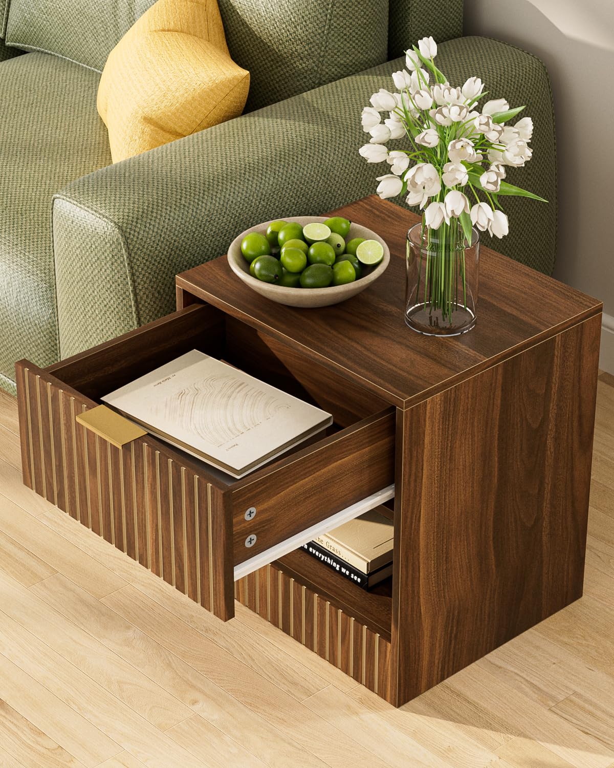 Apetaccat Bedside Table,45x38x49cm, Farmhouse Wooden Bedside Cabinet with Drawer,Kids Bedside Table Nightstand for Bedroom,Living Room,Office,Walnut