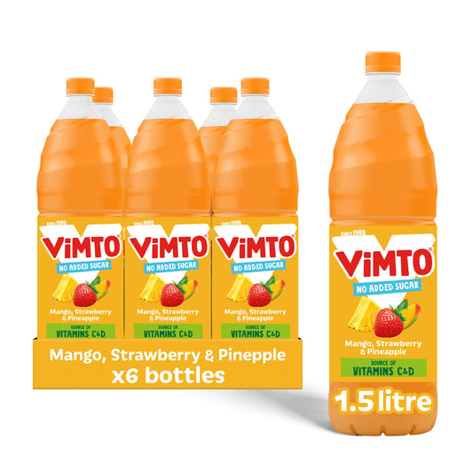 Vimto Mango, Strawberry & Pineapple Squash 1.5L (Pack of 6) ? Real Fruit Juice Concentrate, No Added Sugar, Refreshing Tropical Flavour, Dilutable