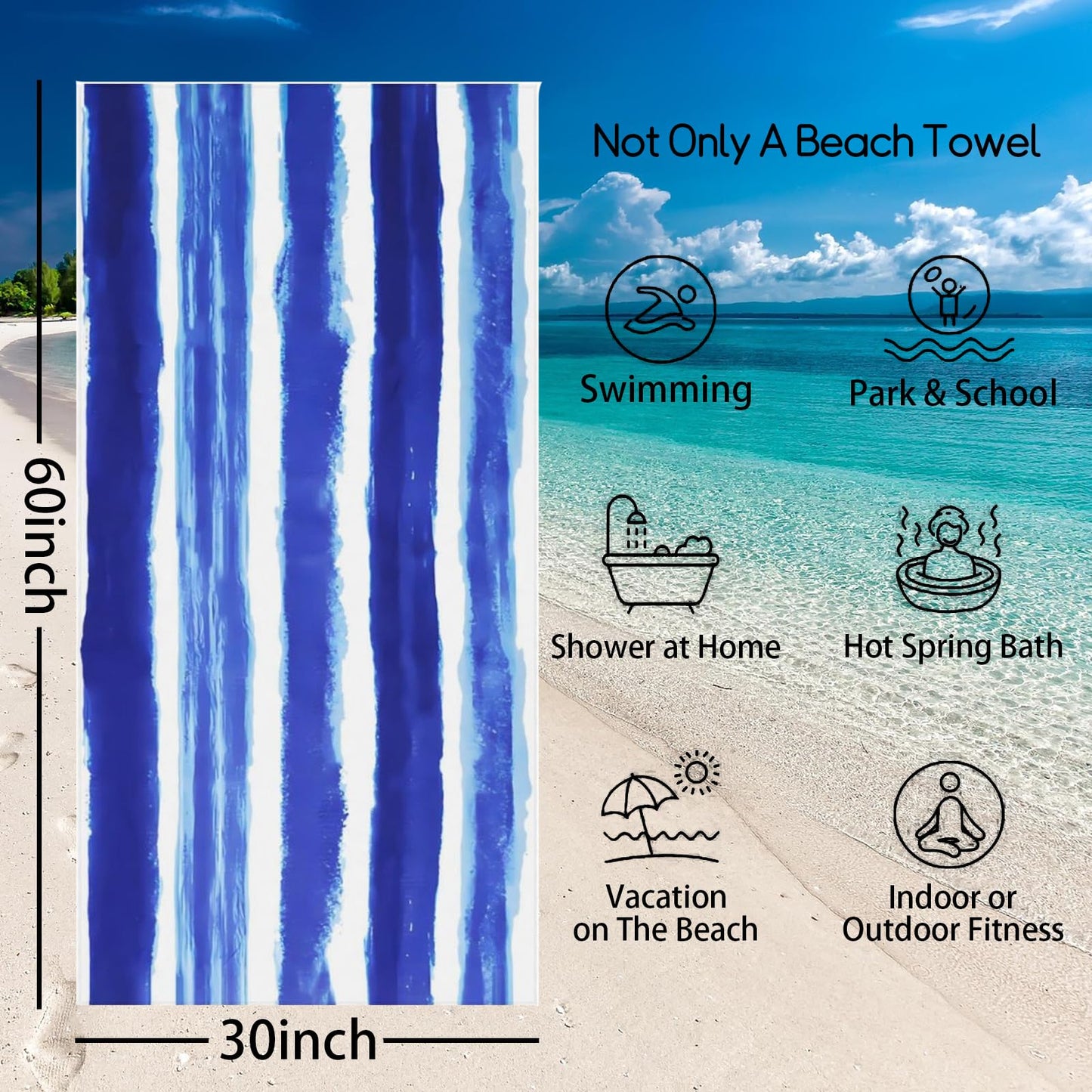 YUAOEUR Blue Stripe Beach Towel for Adults Kids Women Men (30x60 inch,77x153cm) Large Microfiber Beach Towels for Travel,Pool, Sport, Hotel,Beach