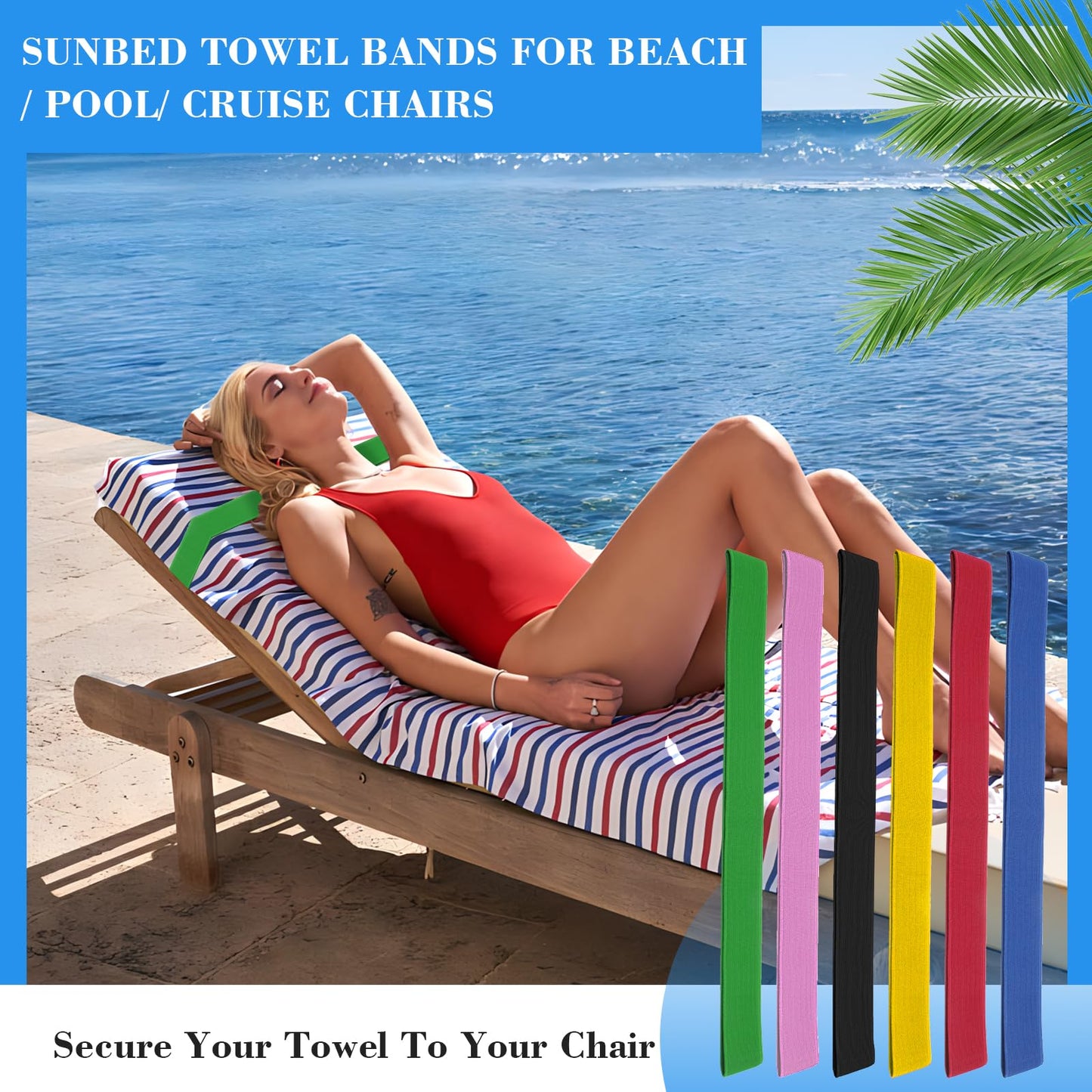 QOPAHI 6 Pack Towel Bands for Sun Loungers, Elastic Sunbed Towel Straps for Pool & Cruise Chairs