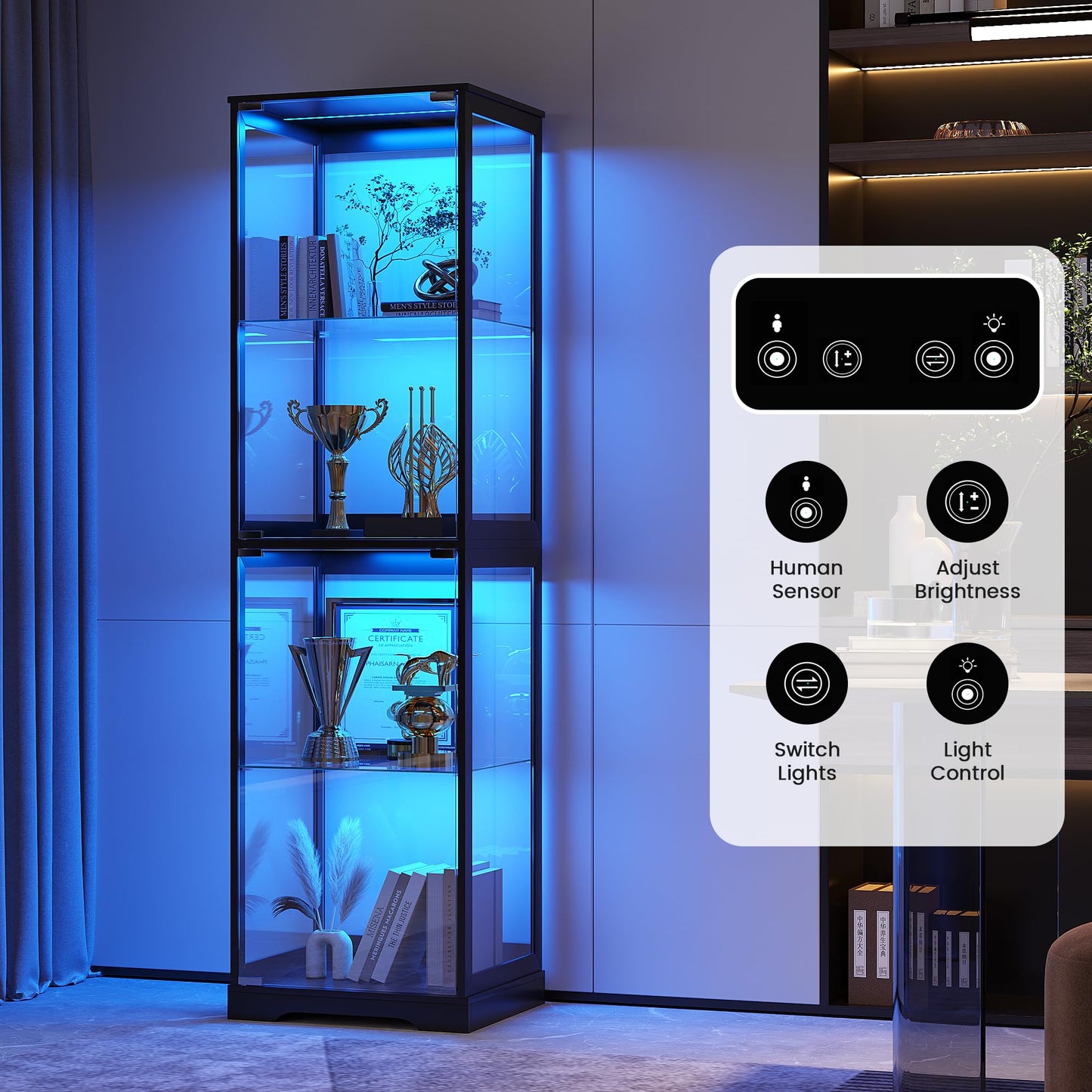 FREDEES Glass Display Cabinet with LED Lights, 165CM Tall, Black