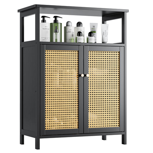 vovala Bamboo Floor Rattan Cabinet, Bathroom Storage Organizer Rack with 2 Doors and 1 Shelf, Space Saving Wood Kitchen Cupboard, Hallway Side Table,
