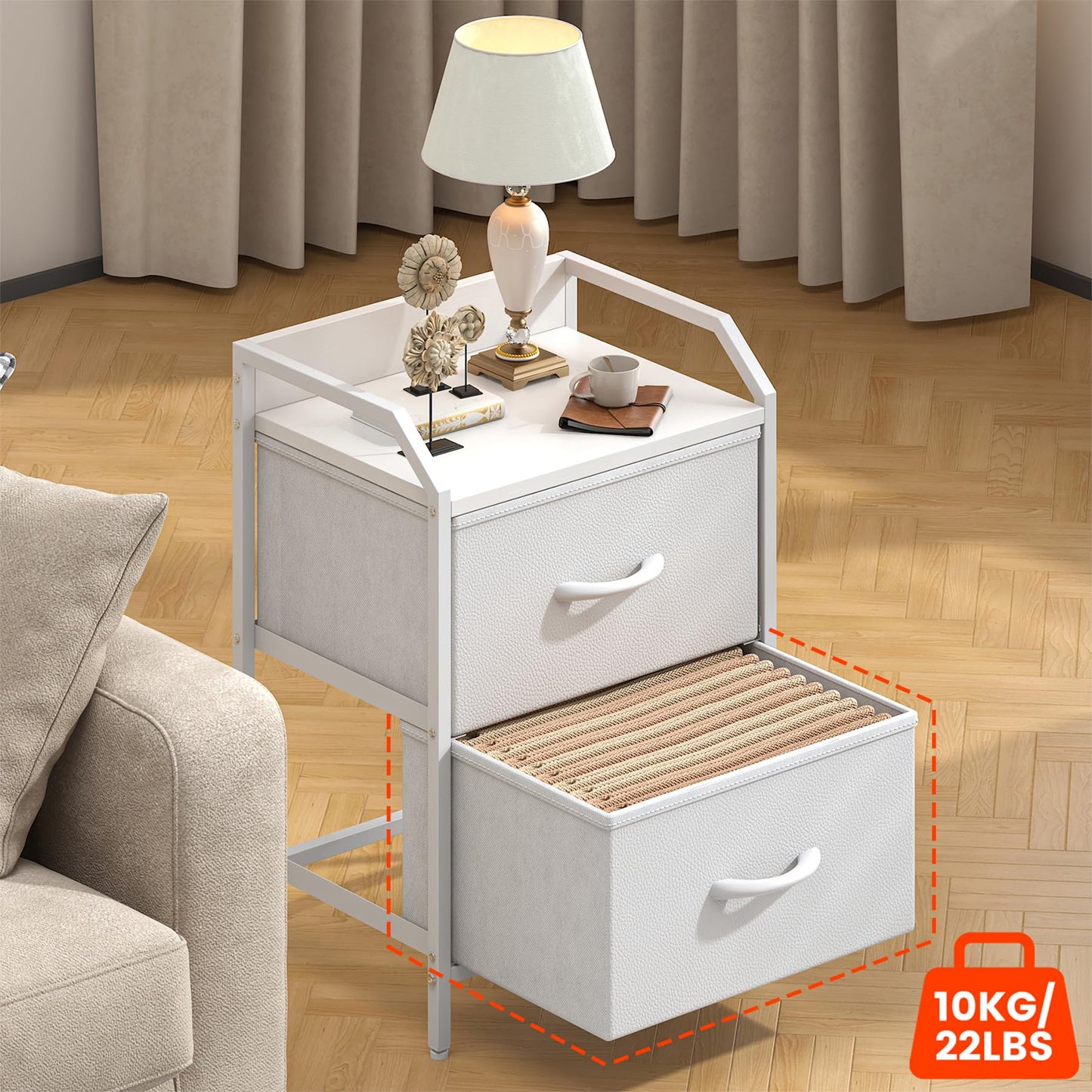 Feonase Bedside Table, Bedroom Bedside Cabinet with 2 Fabric Drawers, Nightstand Side Table for Bedrooms, Living Rooms(White)