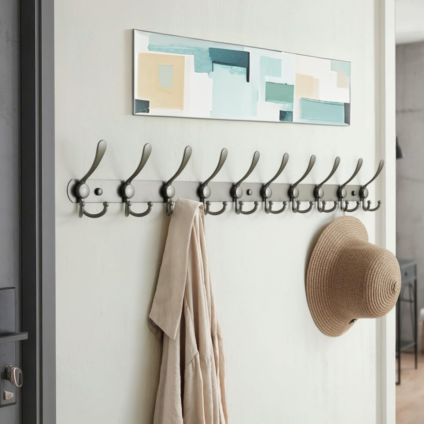 Dseap Coat Rack Wall Mount - 96cm Long 10-Tri-Hooks Heavy Duty Coat Hanger Rail Wall Hooks for Hanging Coats Hats Clothing Clothes Purse Mudroom