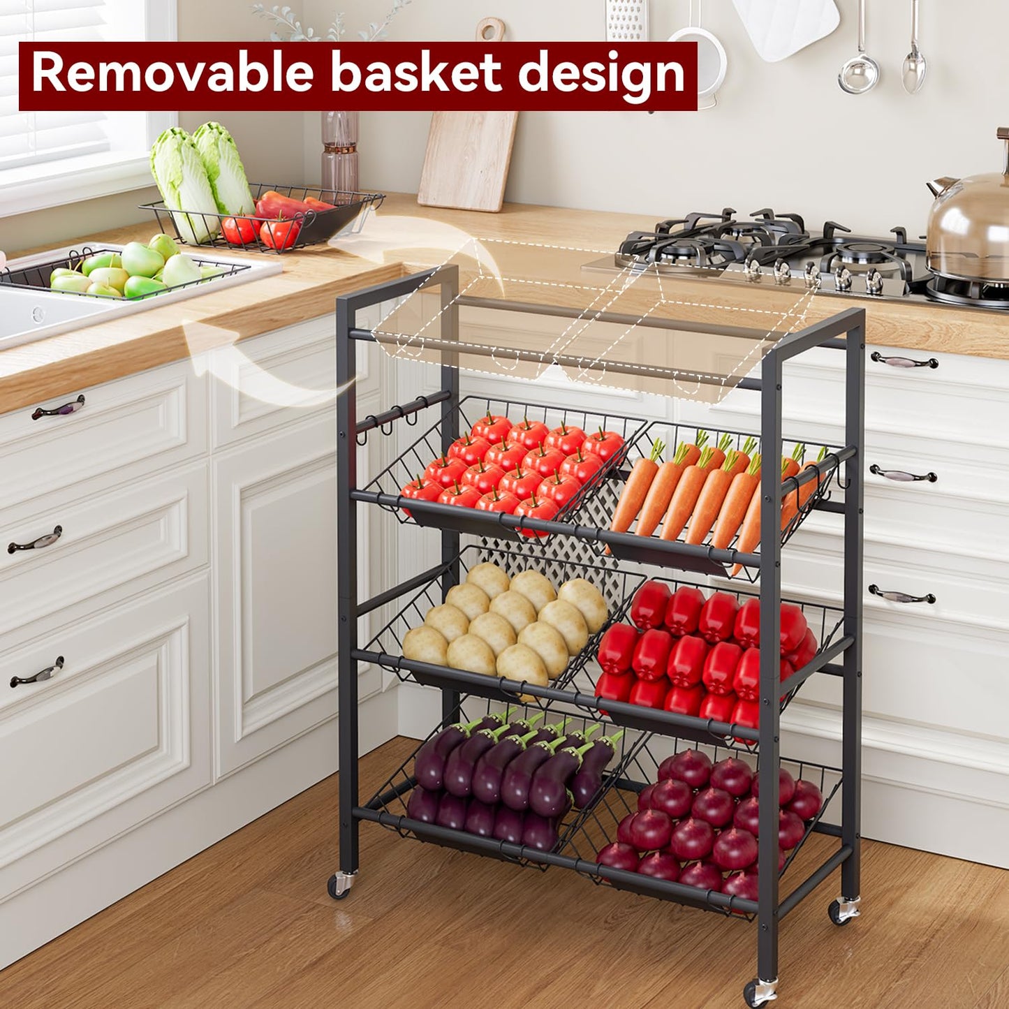 IBUYKE Kitchen Fruit Vegetable Storage Cart,Utility Cart,Black,TLJ025B