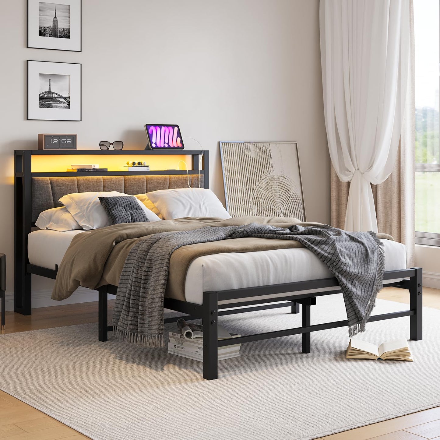 BORPHOM Double Bed Frame with Storage and LED Lights,4ft6 Metal Platform Bed Frame Double Size Bed Base with Charging Station,Mattress Base,Strong