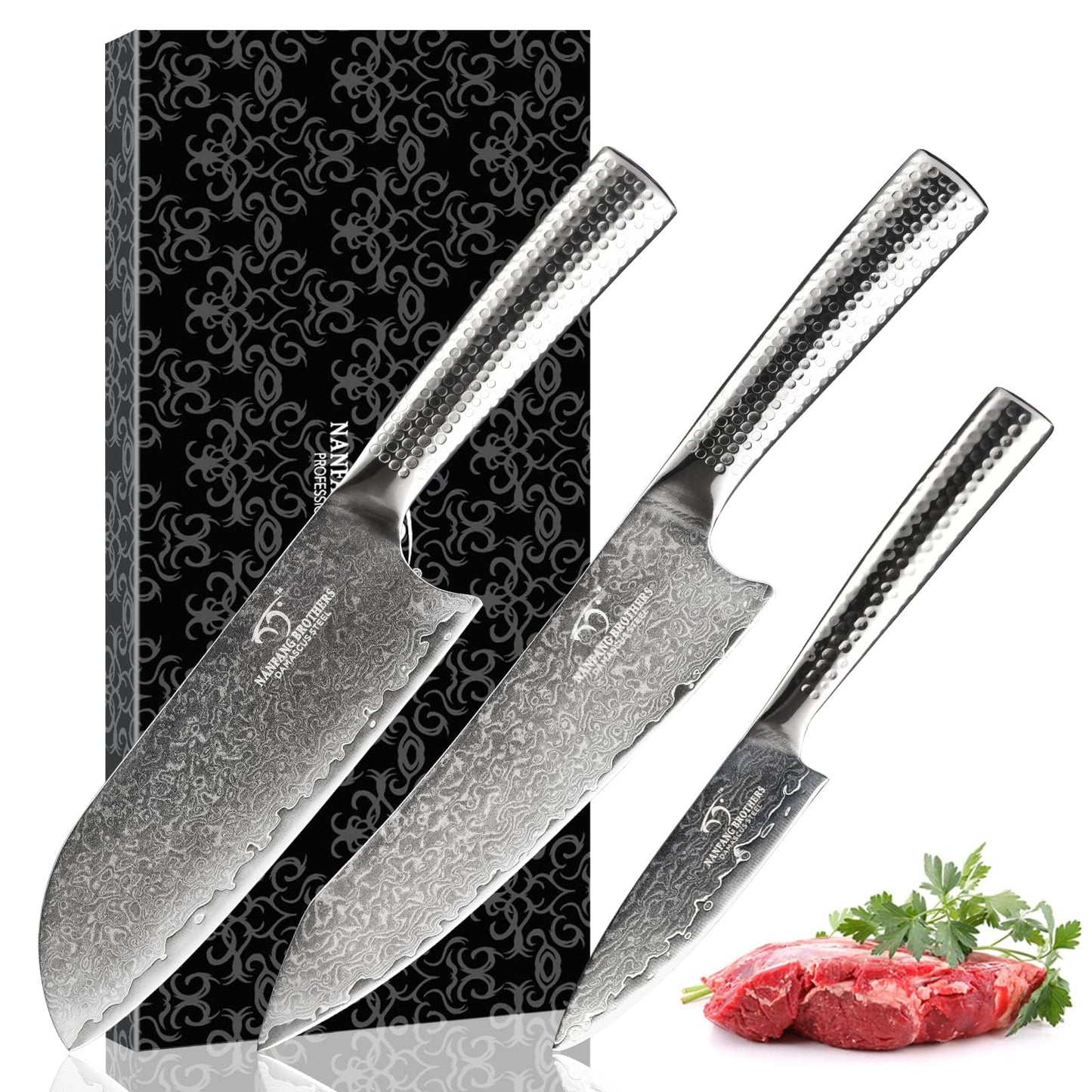 Damascus Kitchen Knife Set - 3 PCS with Chef, Santoku & Paring Knives, VG10 Steel 67 Layers Superior Damascus Steel Blades, Japanese Style with