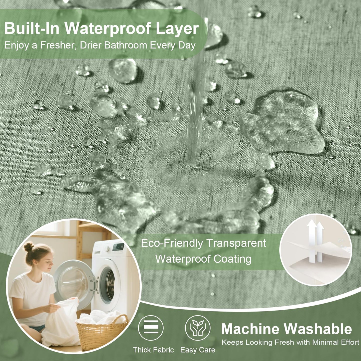 Hotel Style No Hook Rustic Linen Shower Curtain for Bathroom 230GSM Thick Fabric Texture Shower Curtains, Enhanced Waterproof, Weighted Hem