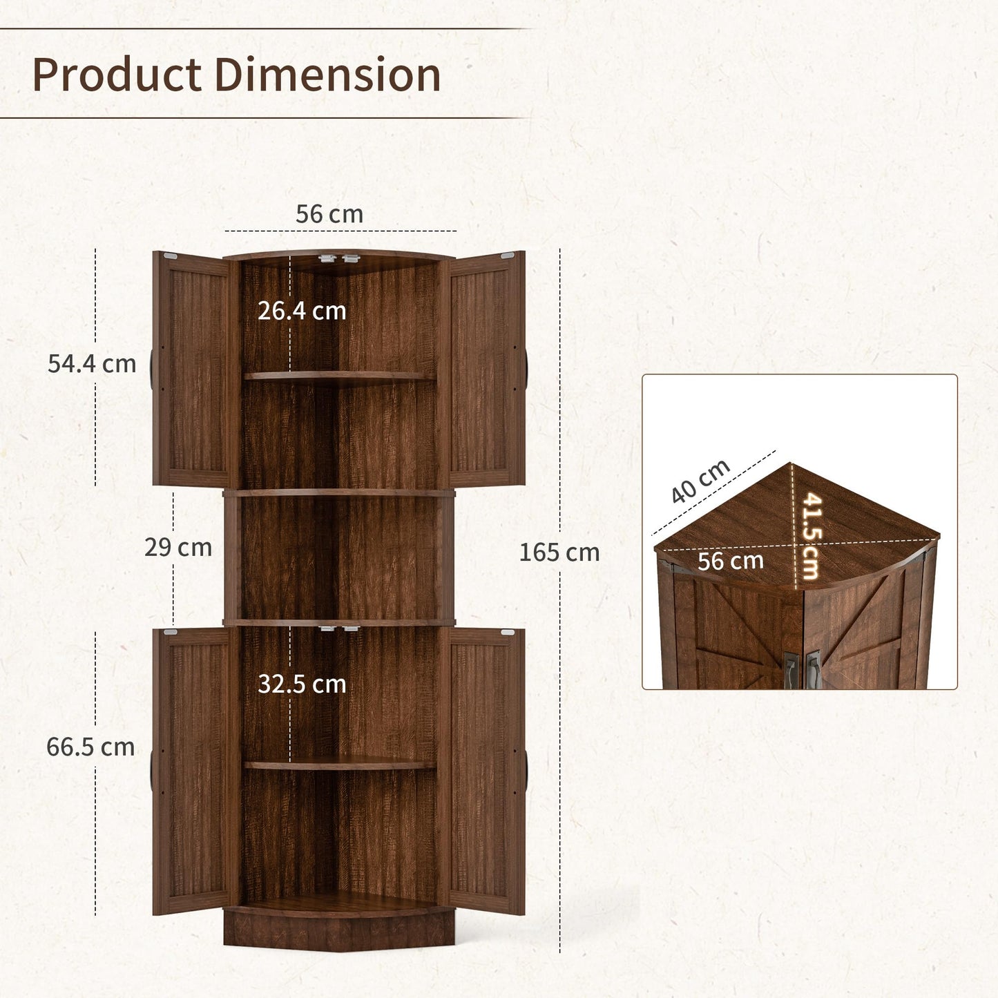BonVache 165cm Tall Corner Storage Cabinet with Barn Doors, 5-Tier Tall Cupboards Cabinet for Living Room, 4 Wooden Doors and 5 Shelves